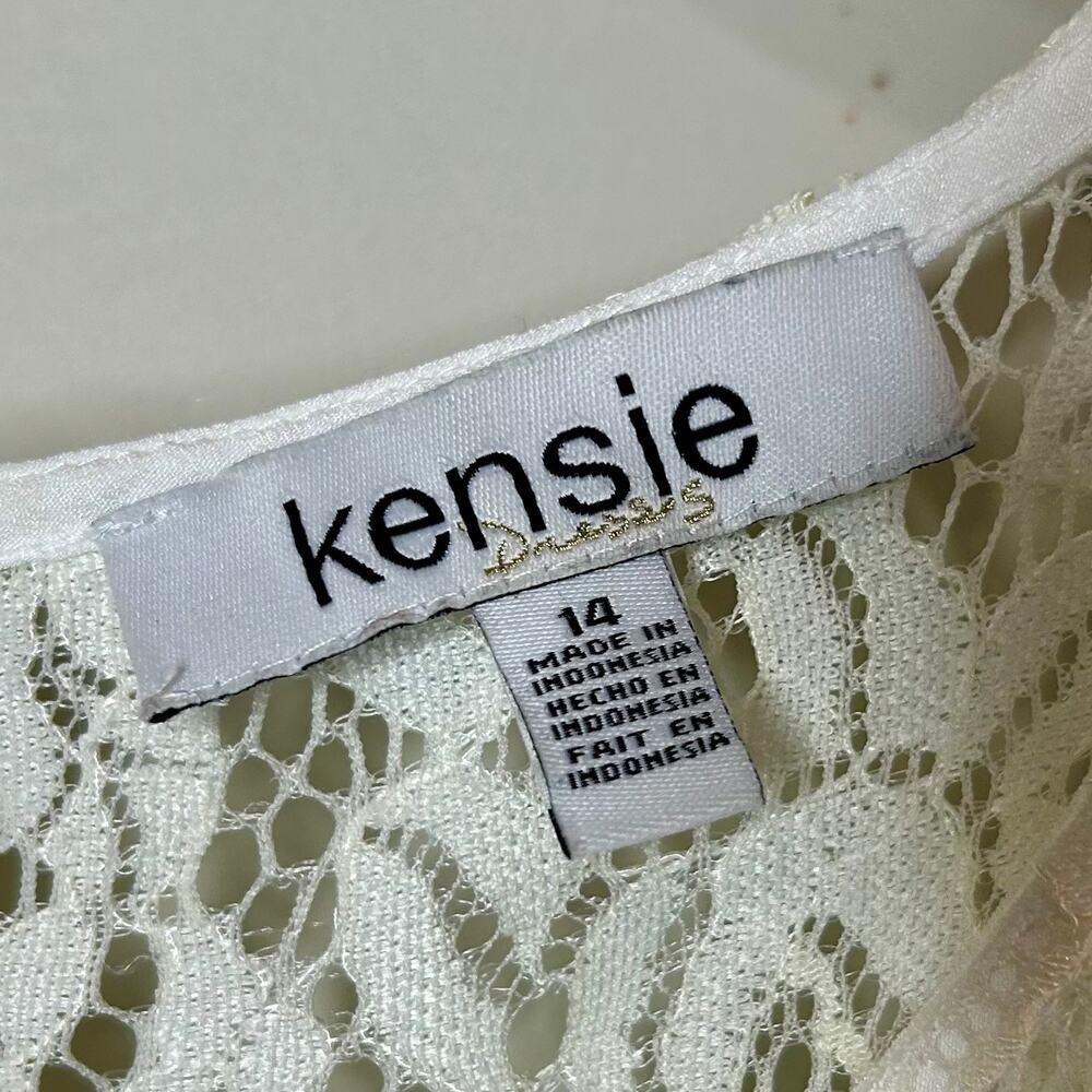 Kensie White Dress Size 14 Lace Top Tiered Pleated Ribbon Short Sleeves - Picture 7 of 14